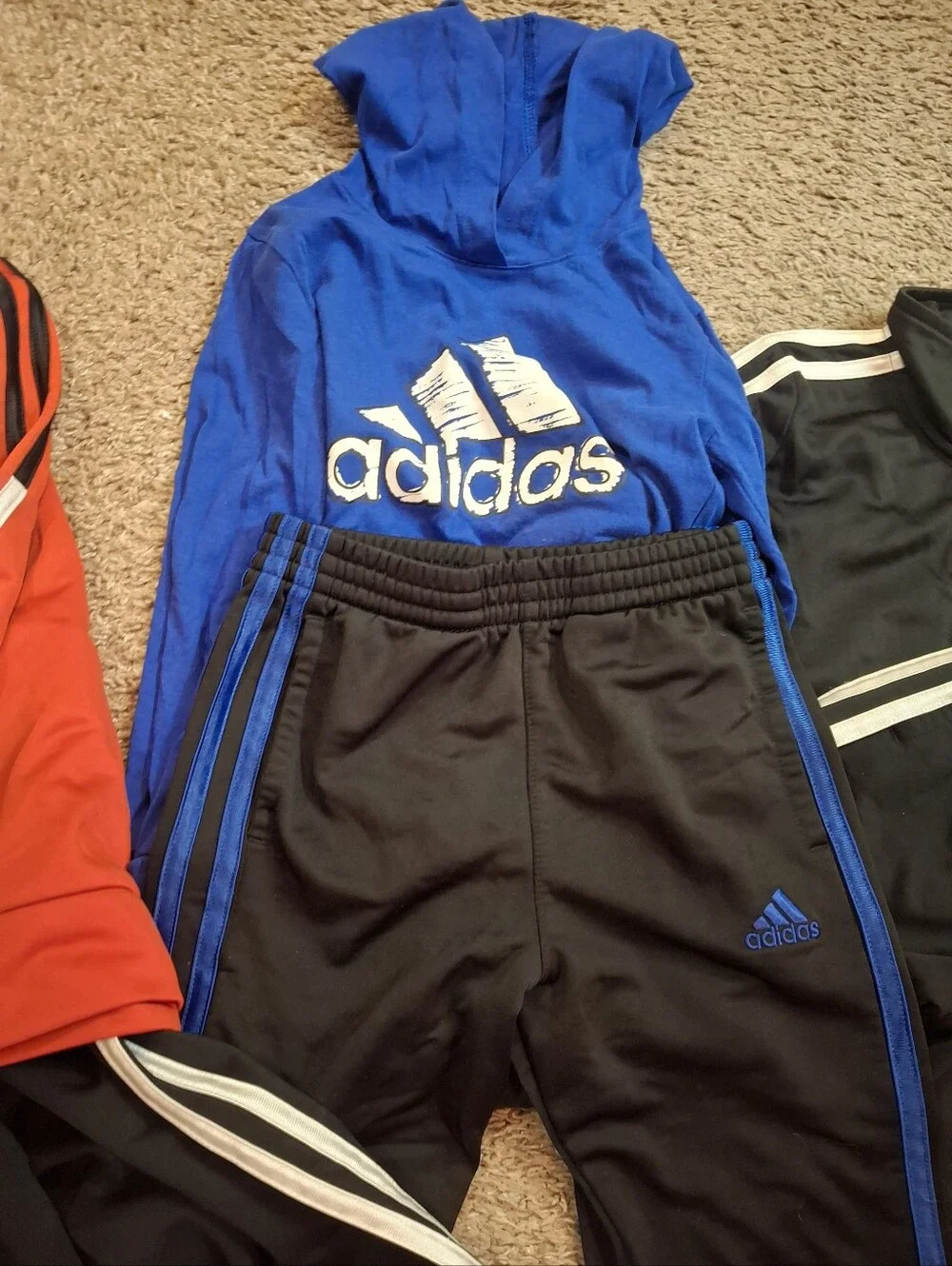 Cute Adidas Kids Black/Blue/Red Joggers & Track Pants with White Stripe Accents